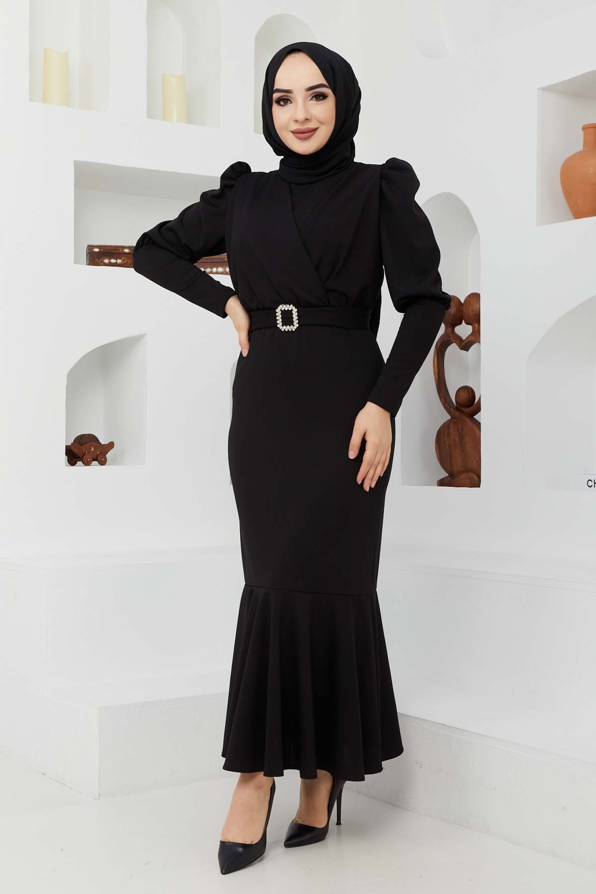 Kemer Taşlı Elbise - Siyah