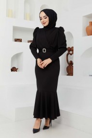 Kemer Taşlı Elbise - Siyah