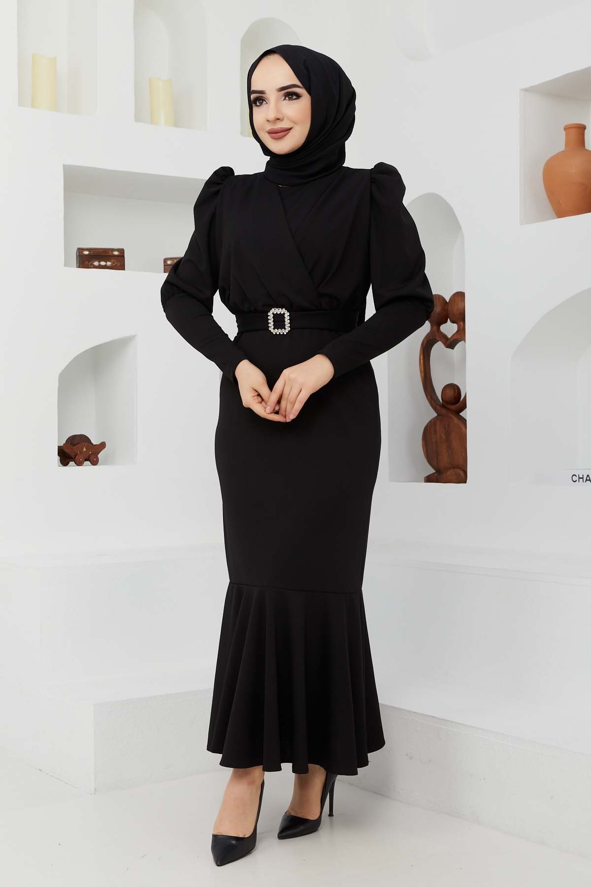 Kemer Taşlı Elbise - Siyah