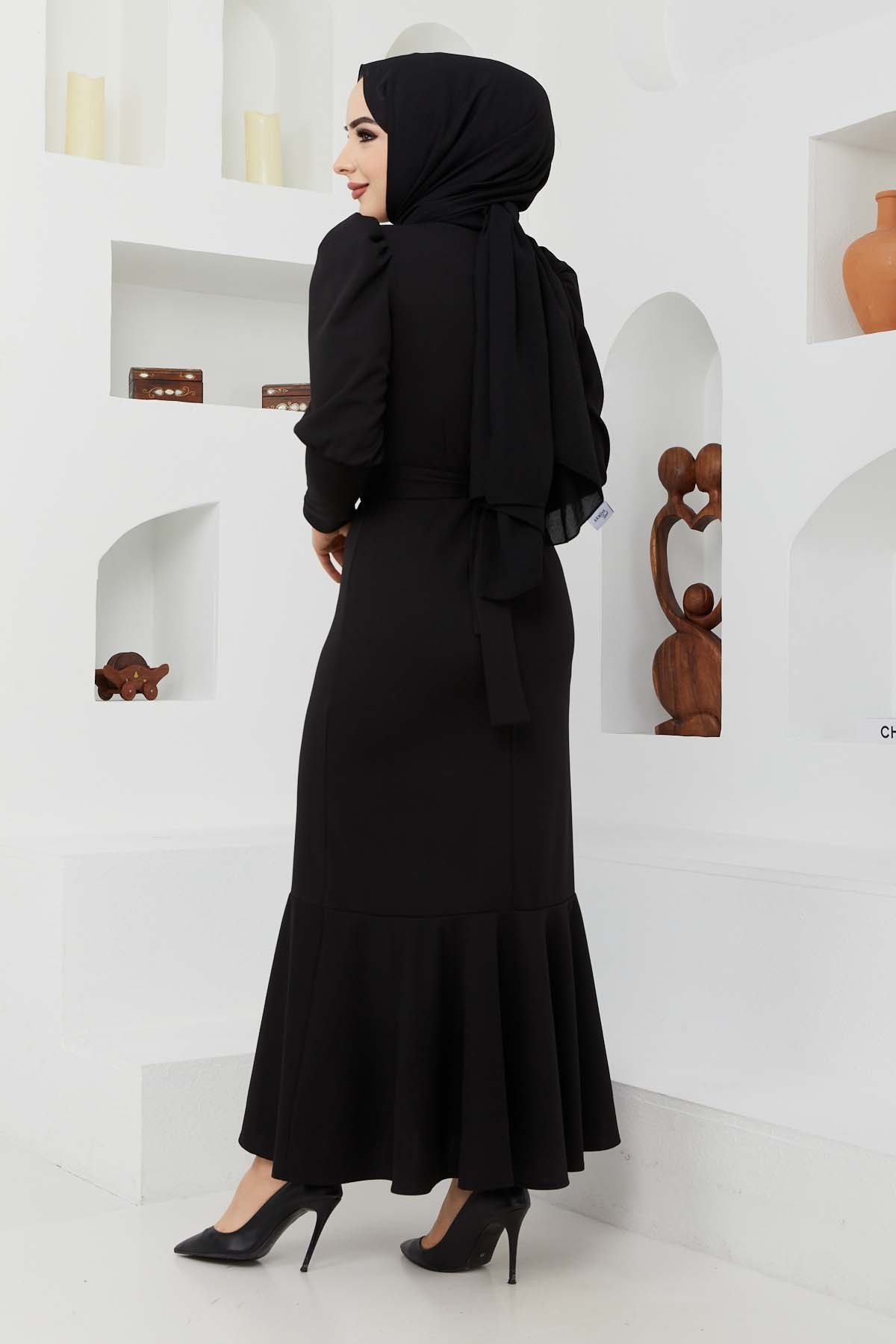 Kemer Taşlı Elbise - Siyah