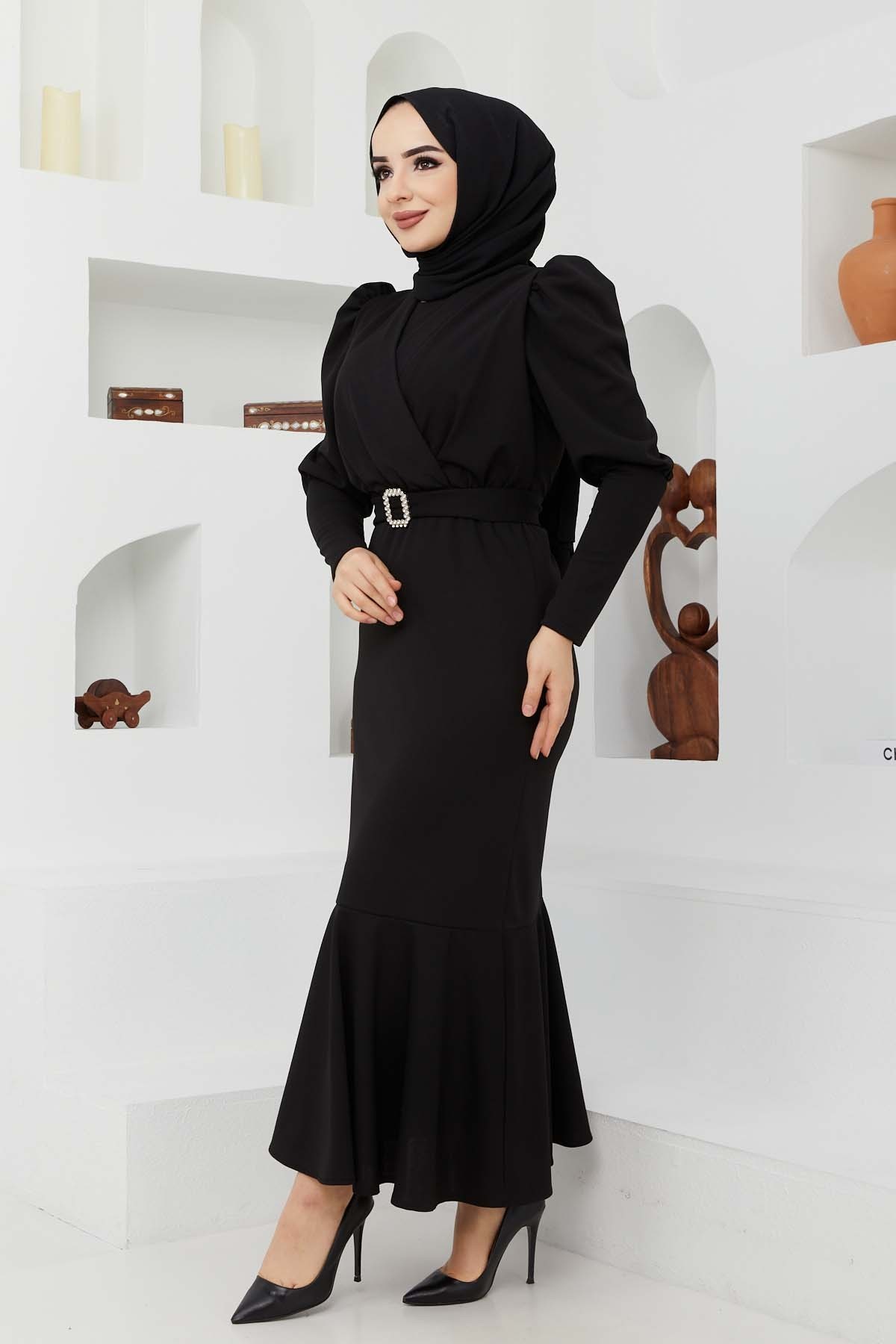 Kemer Taşlı Elbise - Siyah