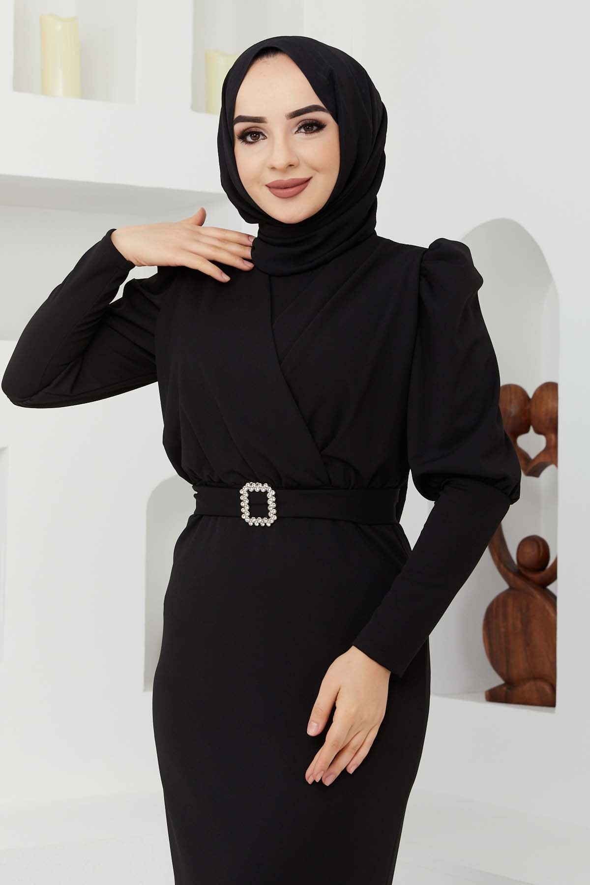 Kemer Taşlı Elbise - Siyah