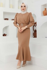 Kemer Taşlı Elbise - Bej