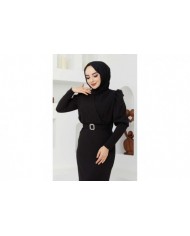 Kemer Taşlı Elbise - Siyah