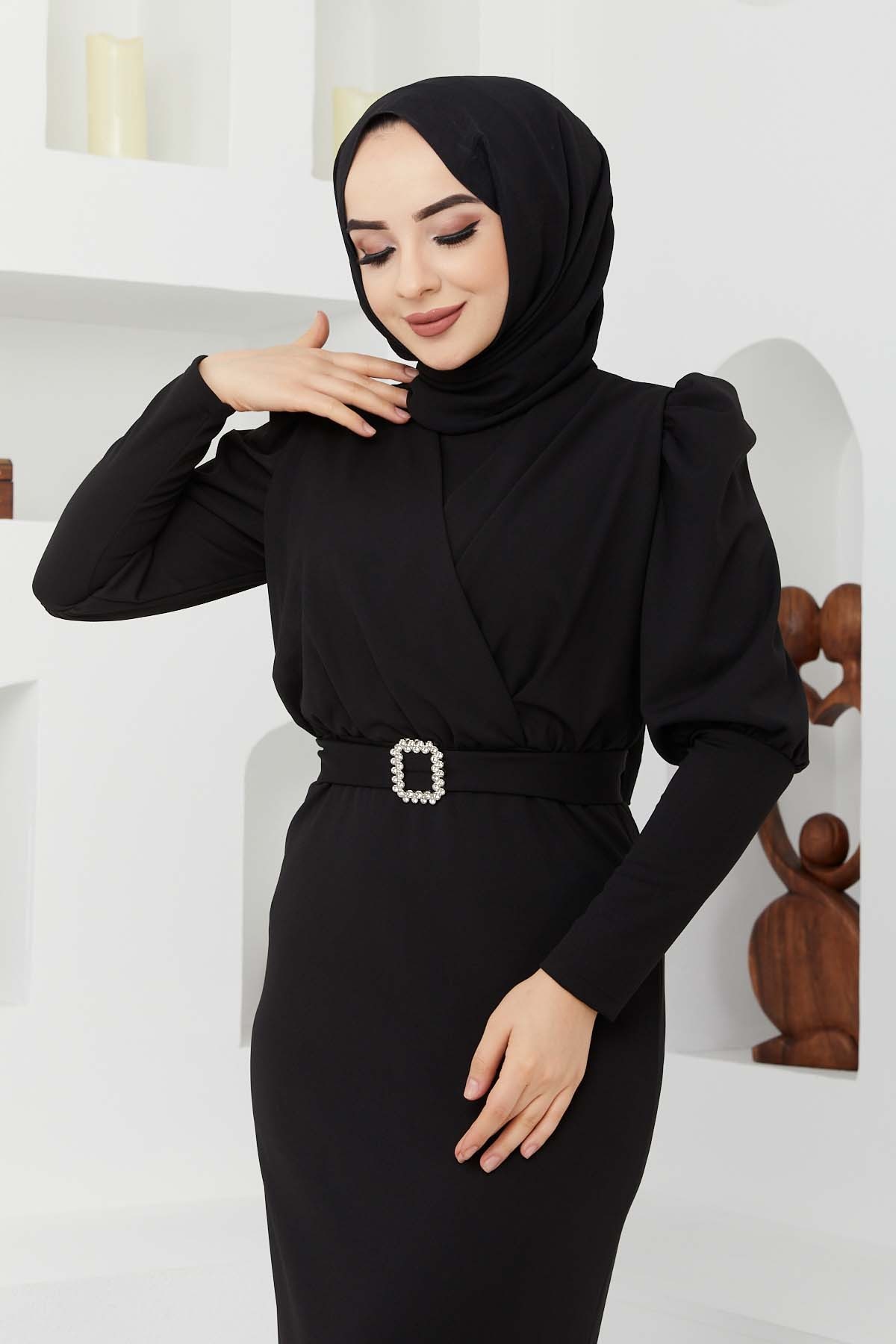 Kemer Taşlı Elbise - Siyah