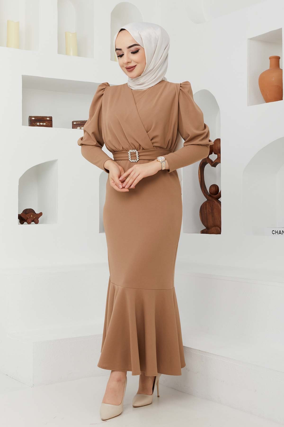 Kemer Taşlı Elbise - Bej