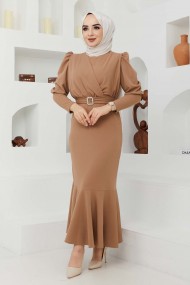 Kemer Taşlı Elbise - Bej