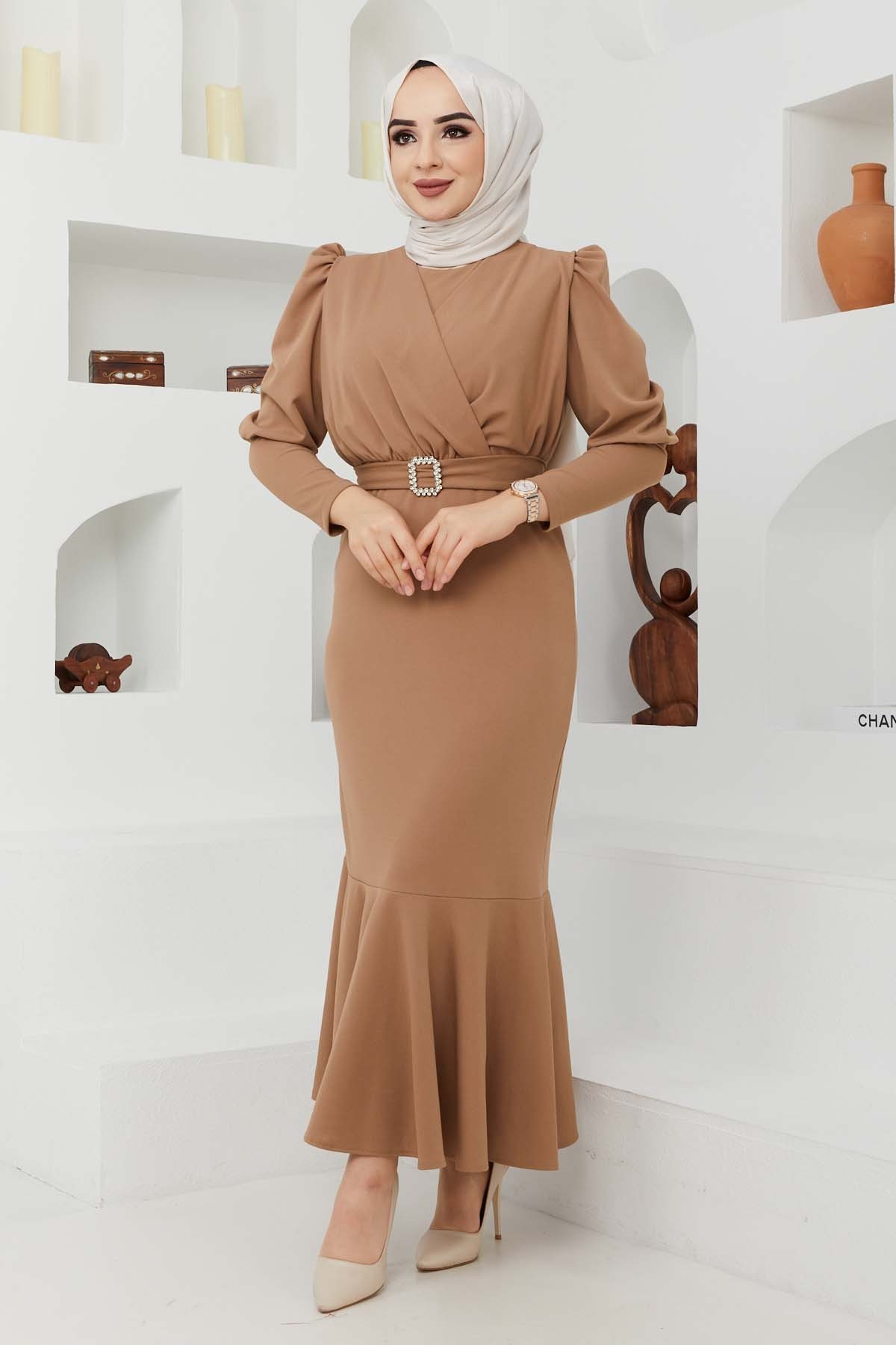 Kemer Taşlı Elbise - Bej