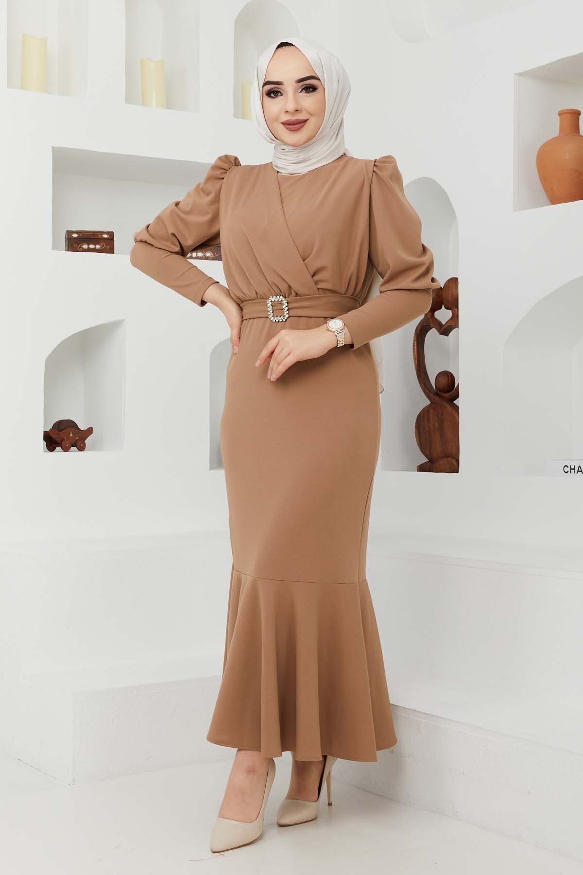 Kemer Taşlı Elbise - Bej