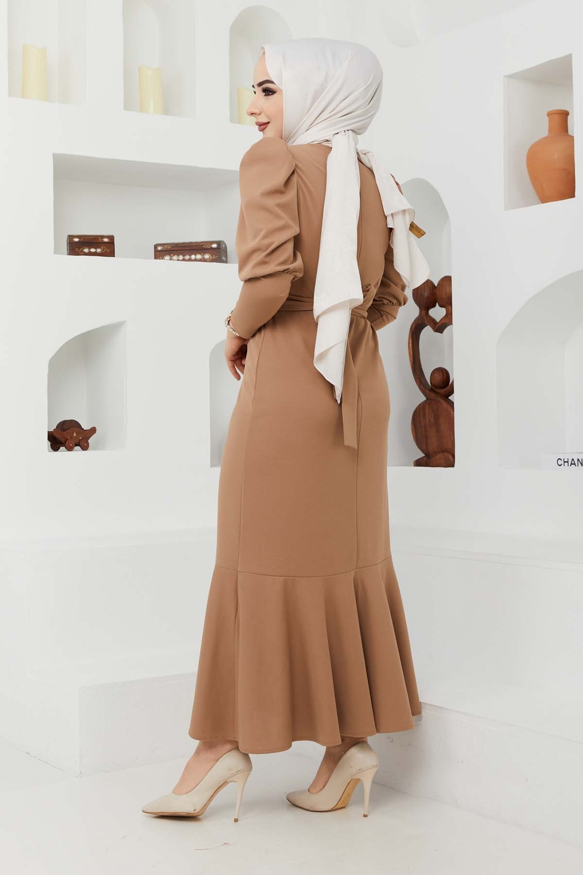 Kemer Taşlı Elbise - Bej