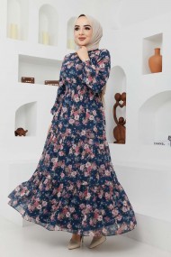 Gipeli Şifon Elbise - Mavi