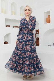 Gipeli Şifon Elbise - Mavi