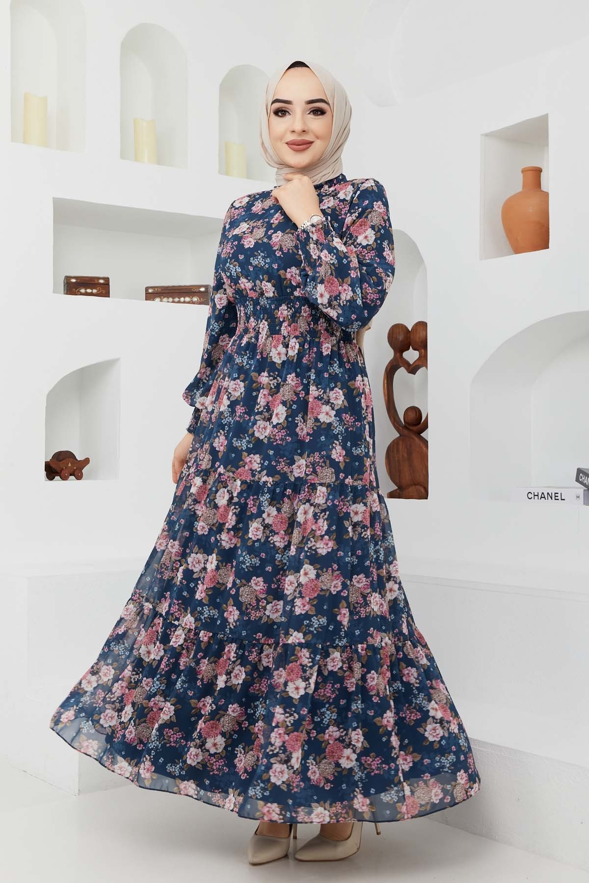 Gipeli Şifon Elbise - Mavi