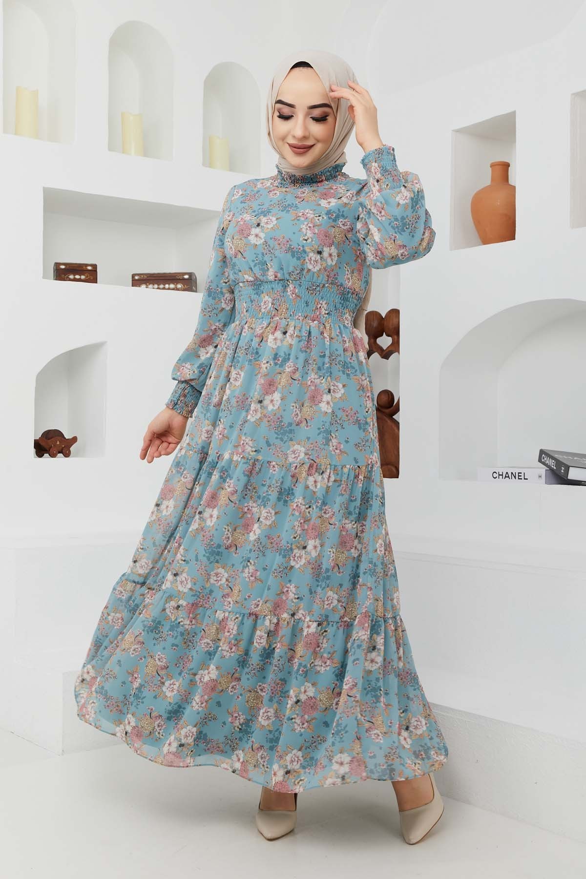 Gipeli Şifon Elbise - Yeşil