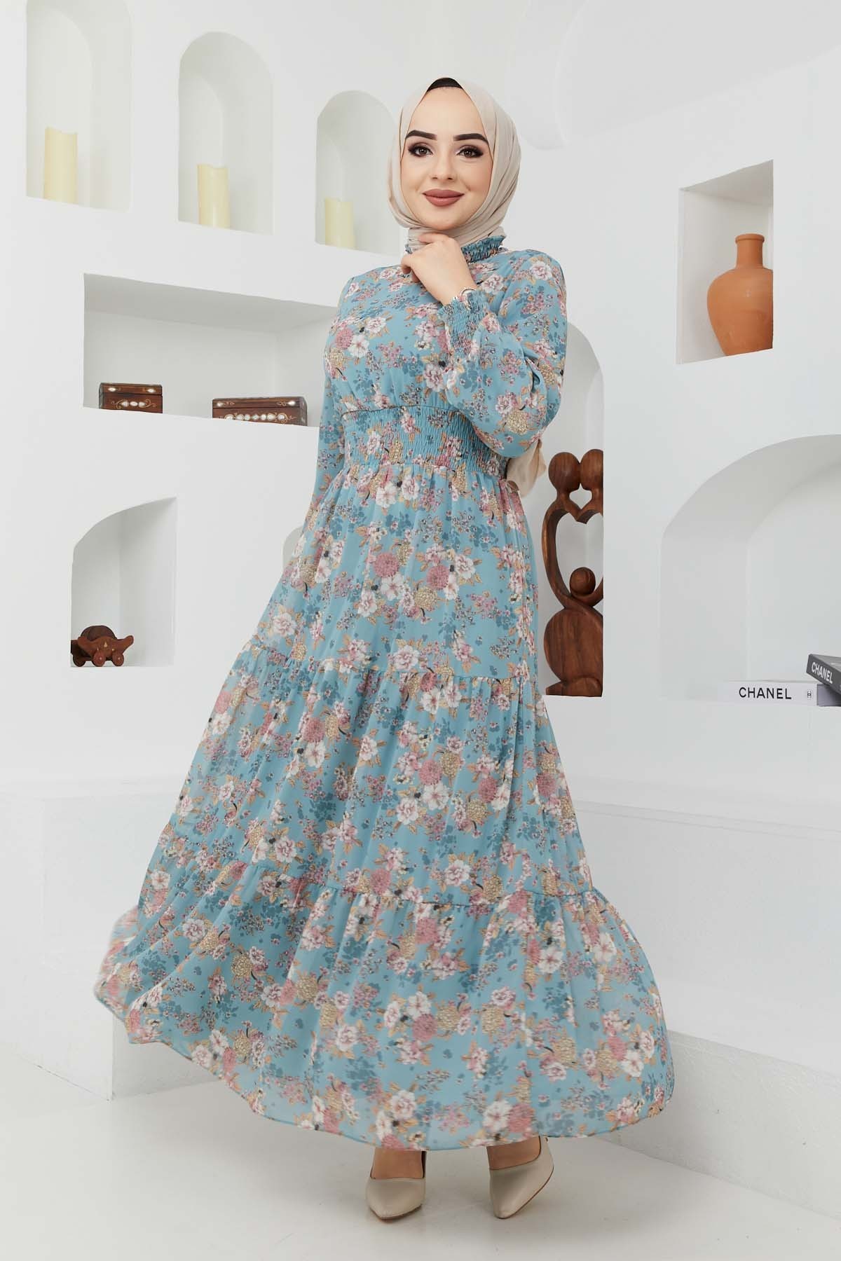 Gipeli Şifon Elbise - Yeşil