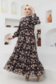 Gipeli Şifon Elbise - Siyah