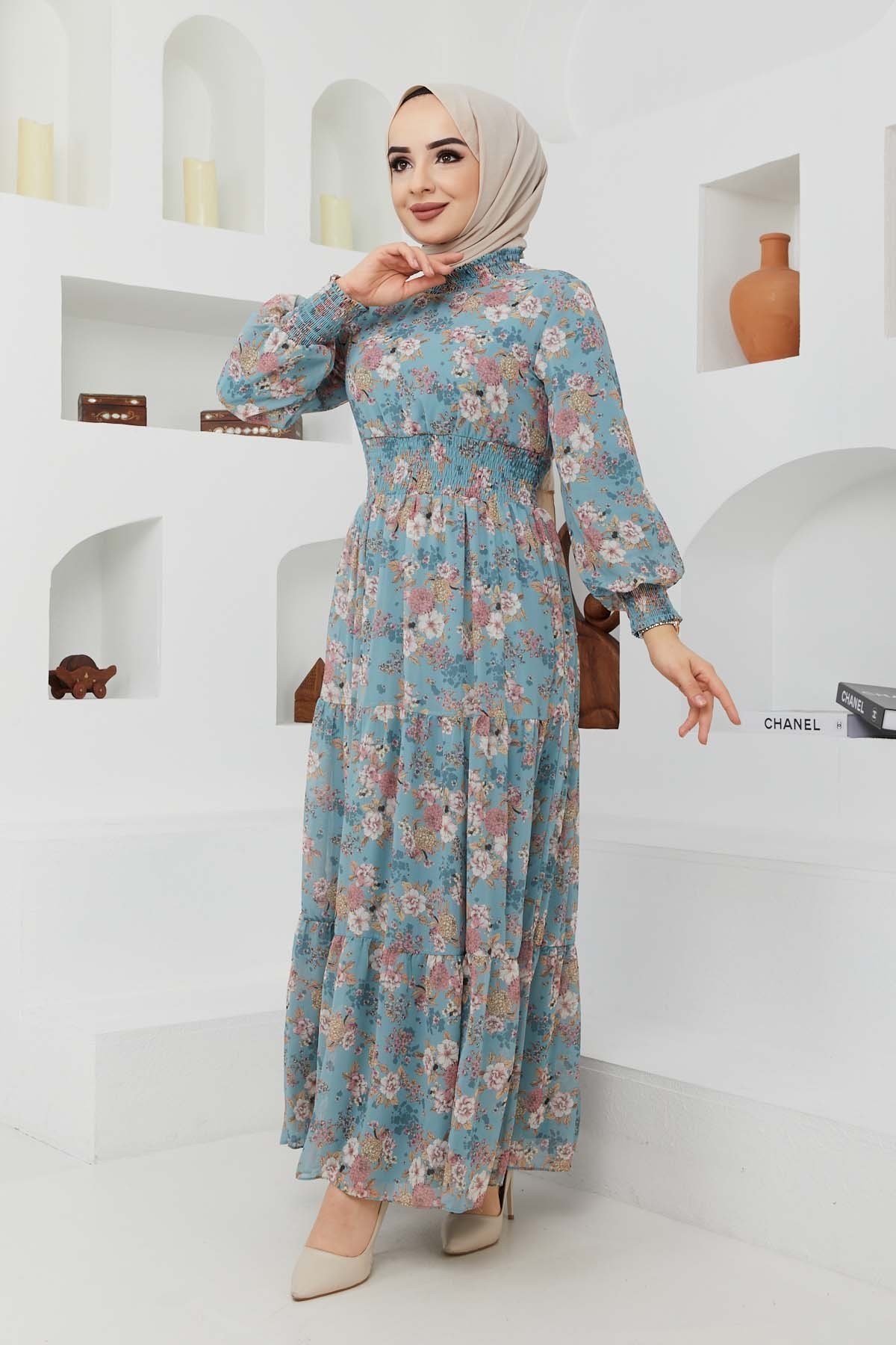 Gipeli Şifon Elbise - Yeşil