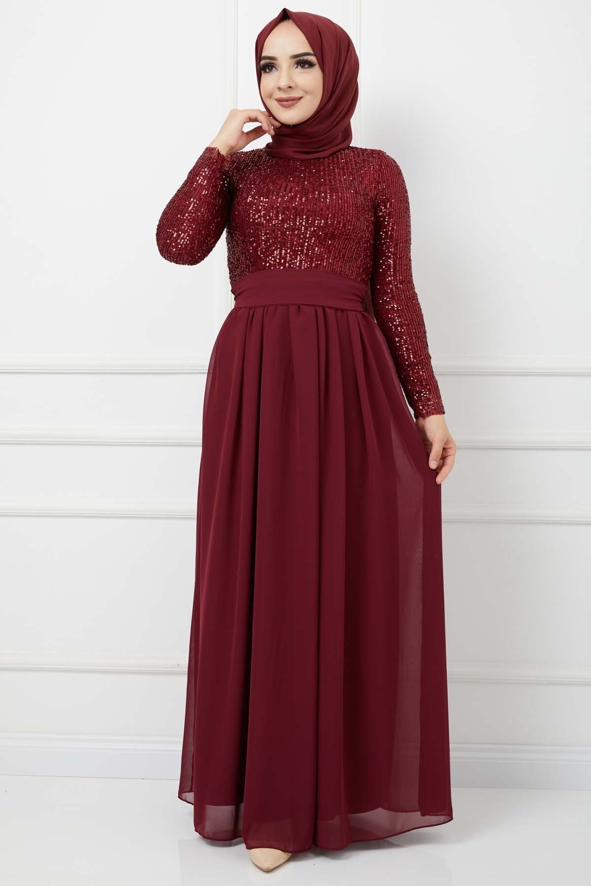 Üstü Pullu Abiye - Bordo