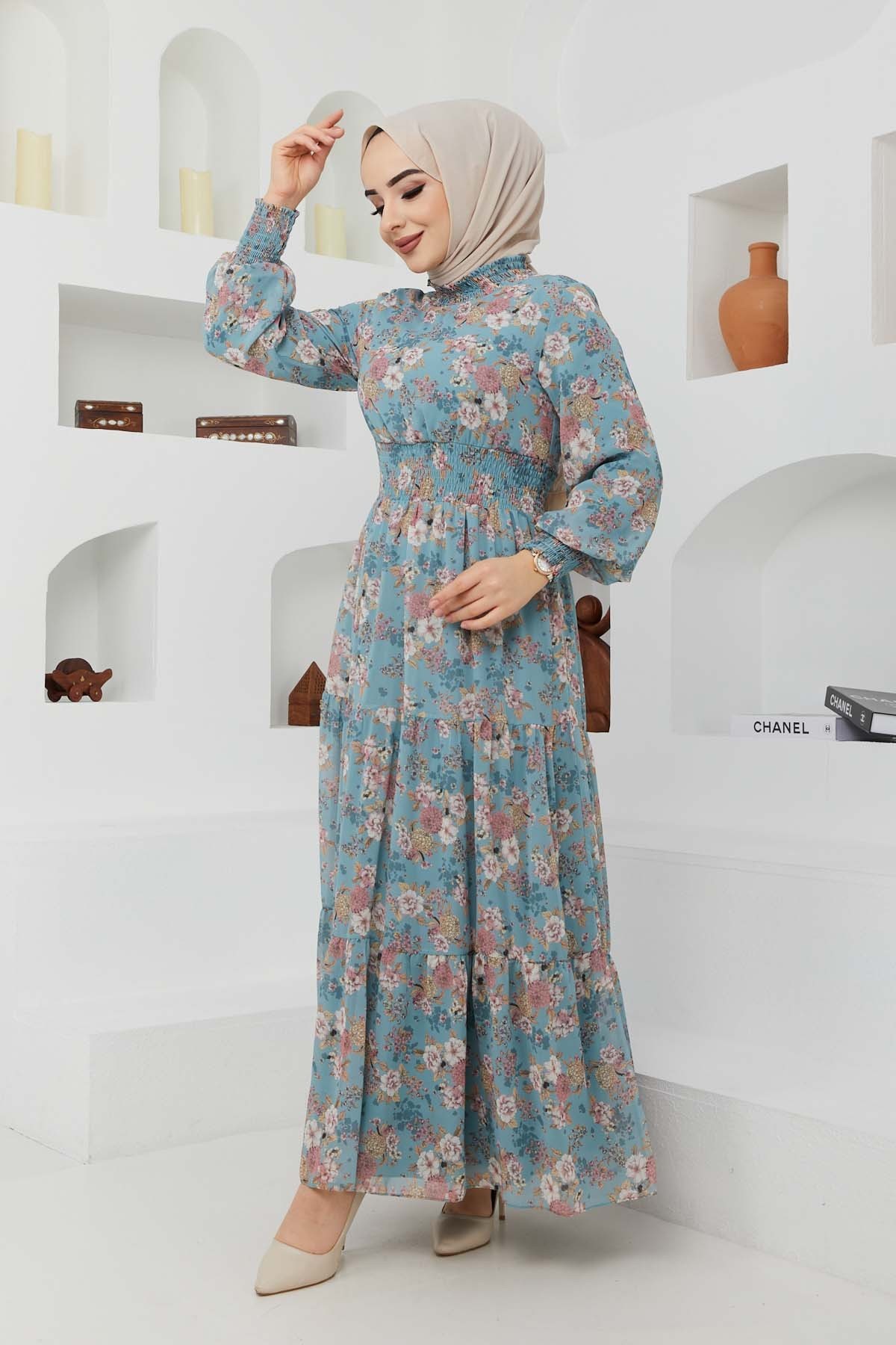 Gipeli Şifon Elbise - Yeşil