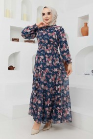 Gipeli Şifon Elbise - Mavi