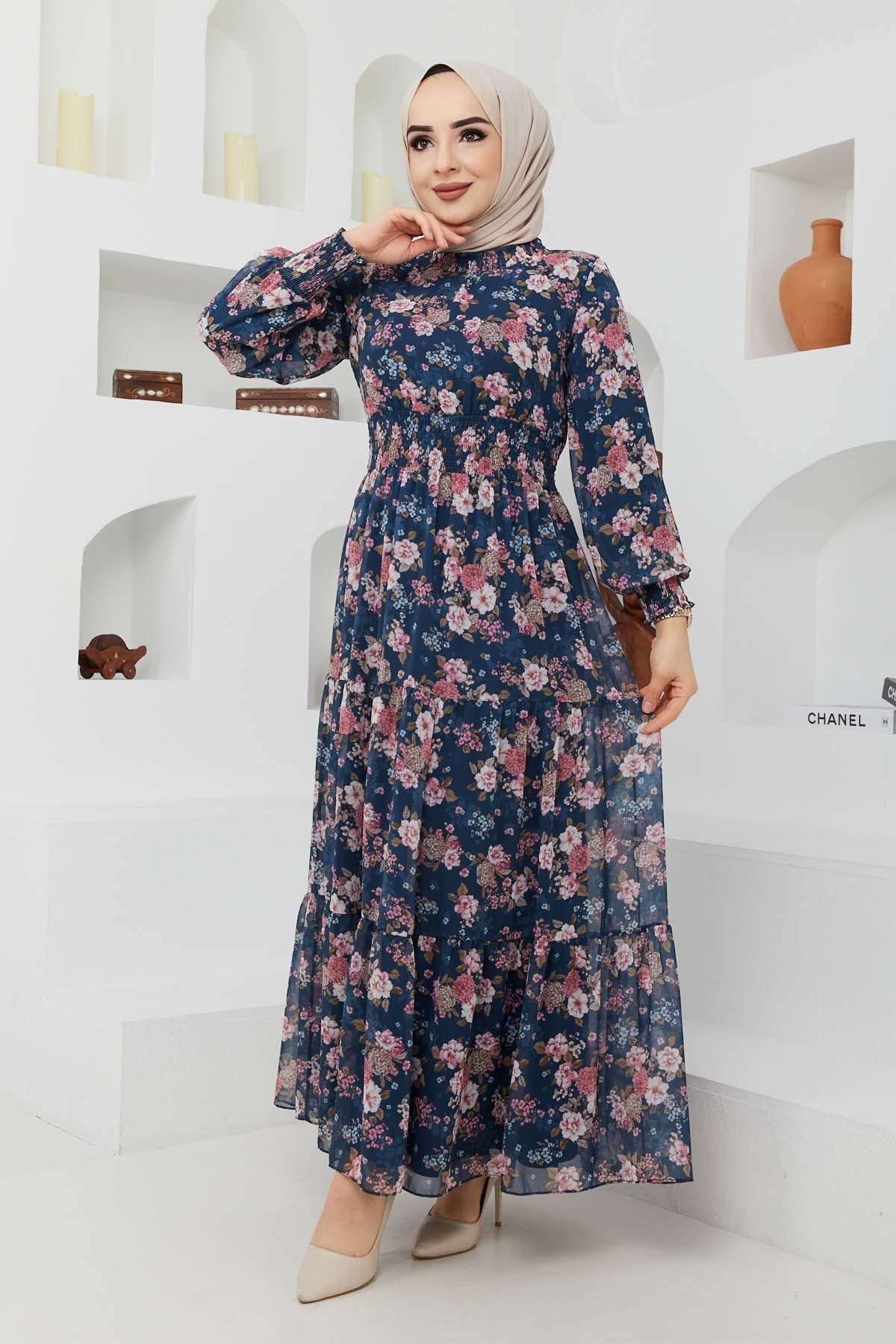 Gipeli Şifon Elbise - Mavi