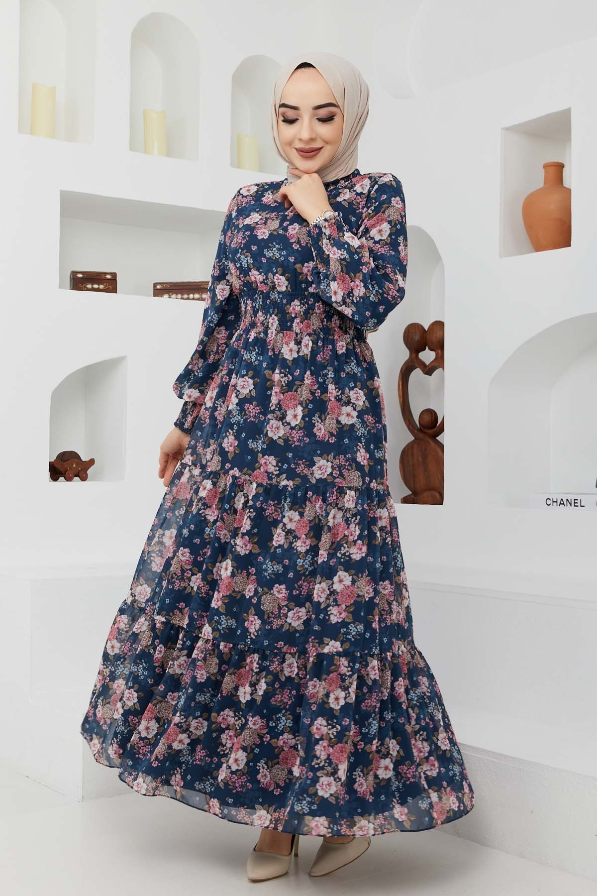 Gipeli Şifon Elbise - Mavi