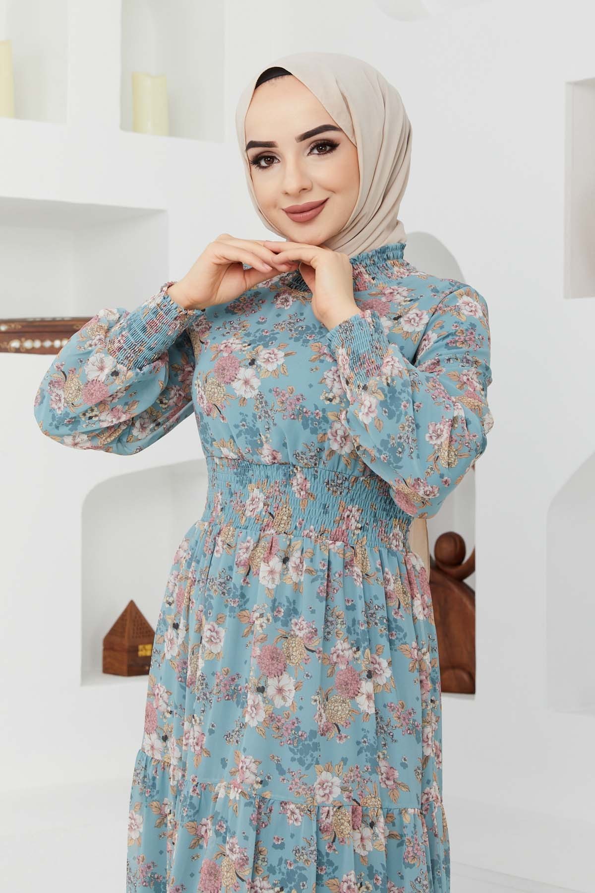 Gipeli Şifon Elbise - Yeşil