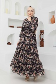 Gipeli Şifon Elbise - Siyah