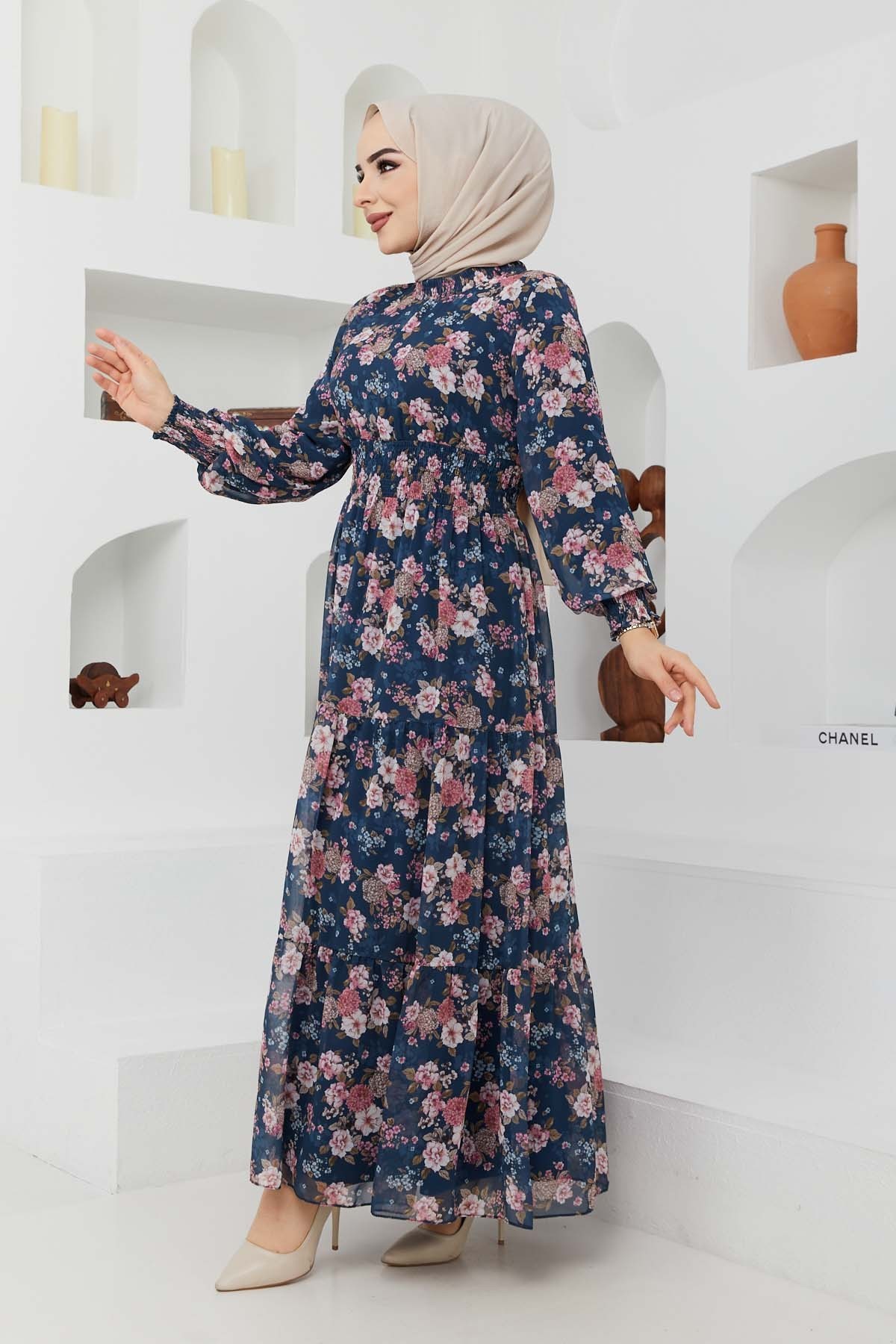 Gipeli Şifon Elbise - Mavi