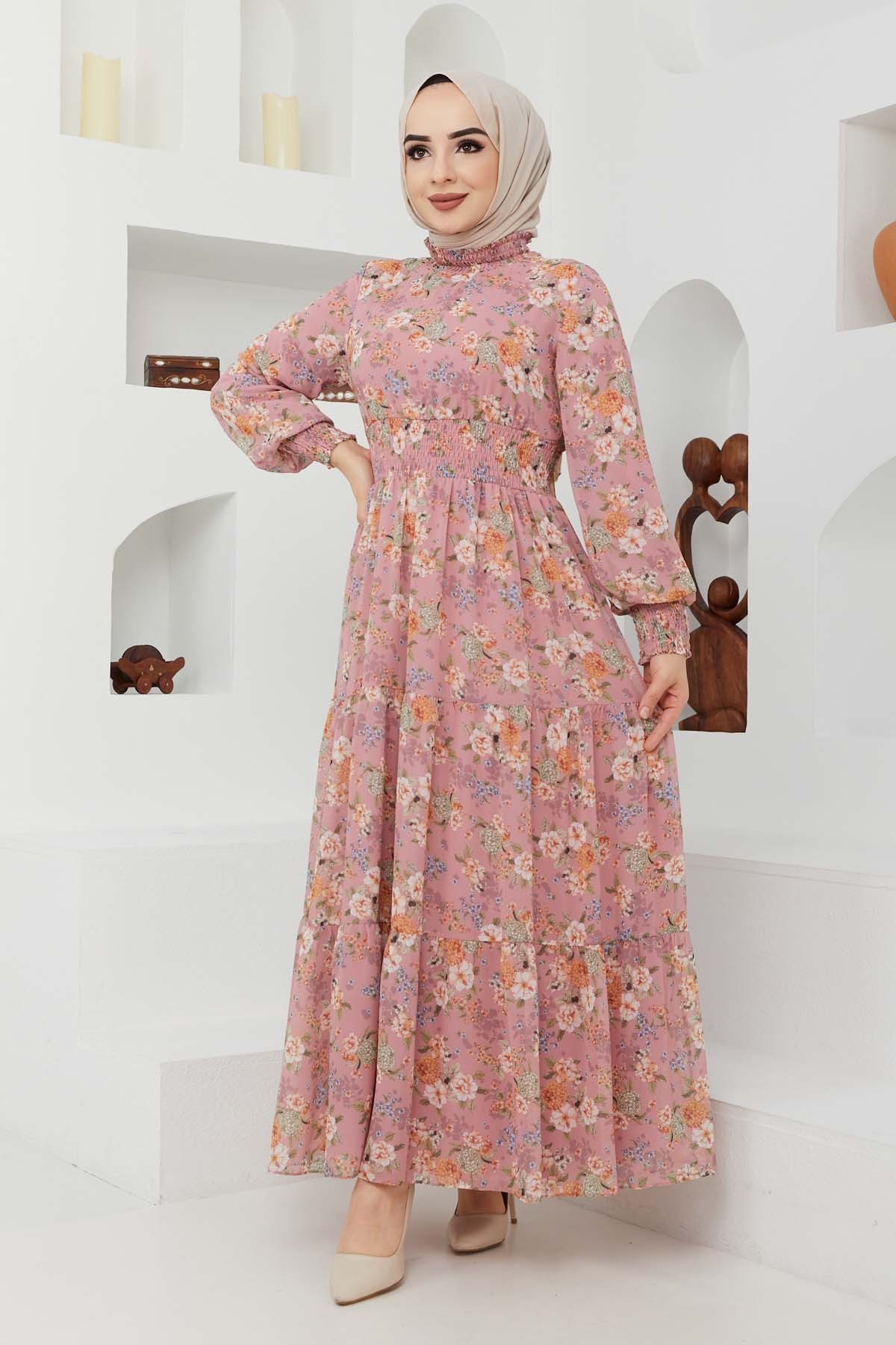 Gipeli Şifon Elbise - Gül Kurusu