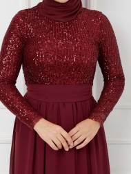 Üstü Pullu Abiye - Bordo