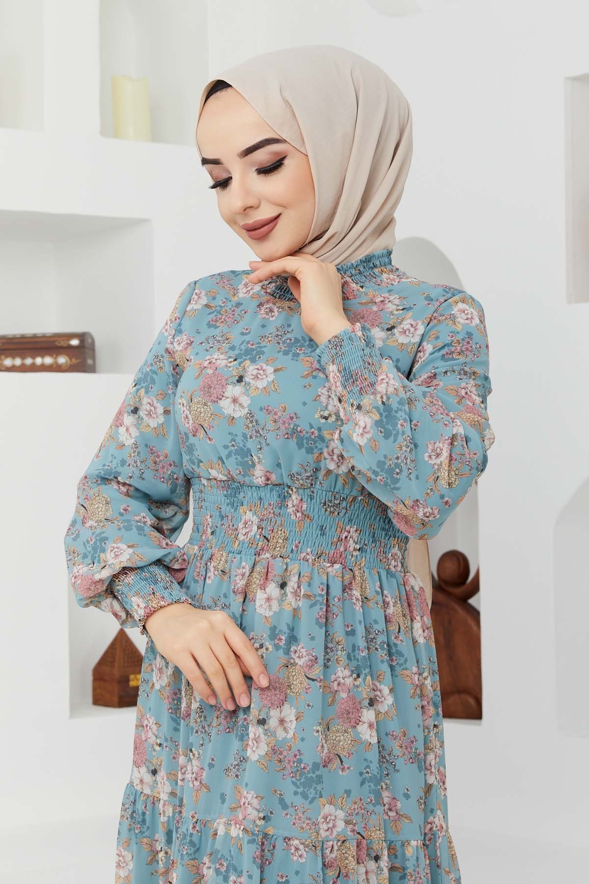 Gipeli Şifon Elbise - Yeşil