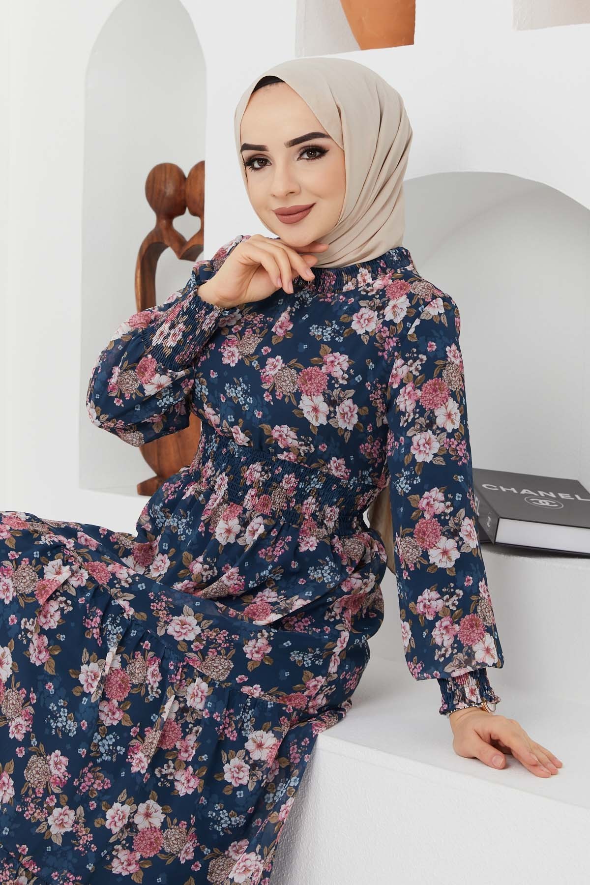 Gipeli Şifon Elbise - Mavi