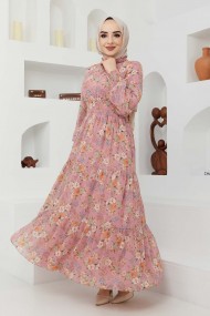 Gipeli Şifon Elbise - Gül Kurusu