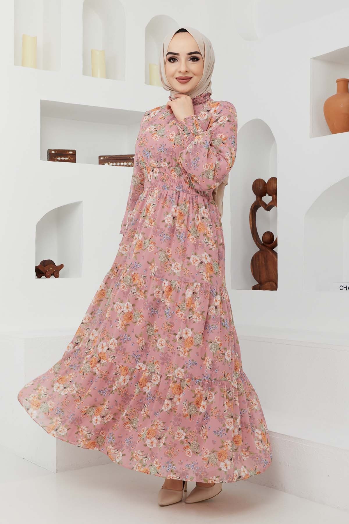 Gipeli Şifon Elbise - Gül Kurusu