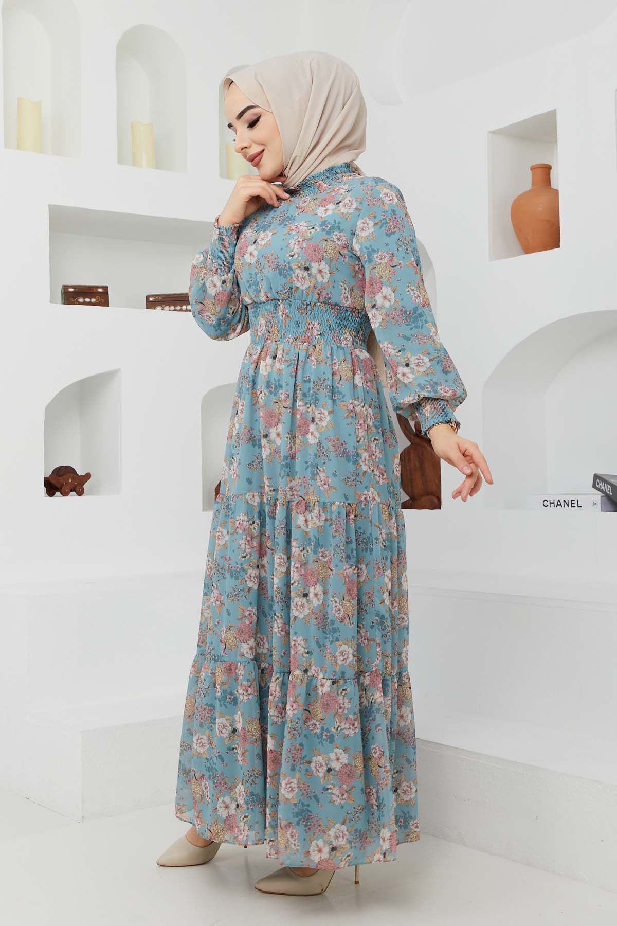 Gipeli Şifon Elbise - Yeşil