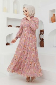 Gipeli Şifon Elbise - Gül Kurusu