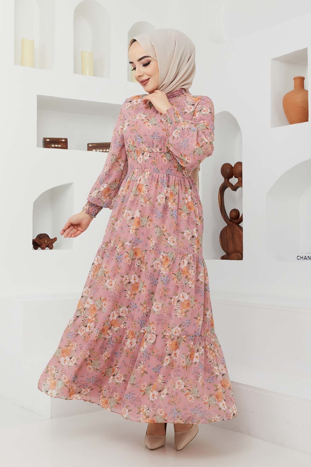 Gipeli Şifon Elbise - Gül Kurusu