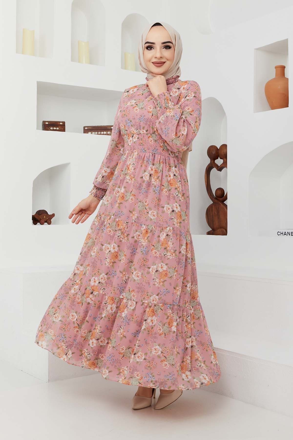 Gipeli Şifon Elbise - Gül Kurusu