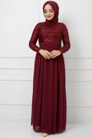 Üstü Pullu Abiye - Bordo