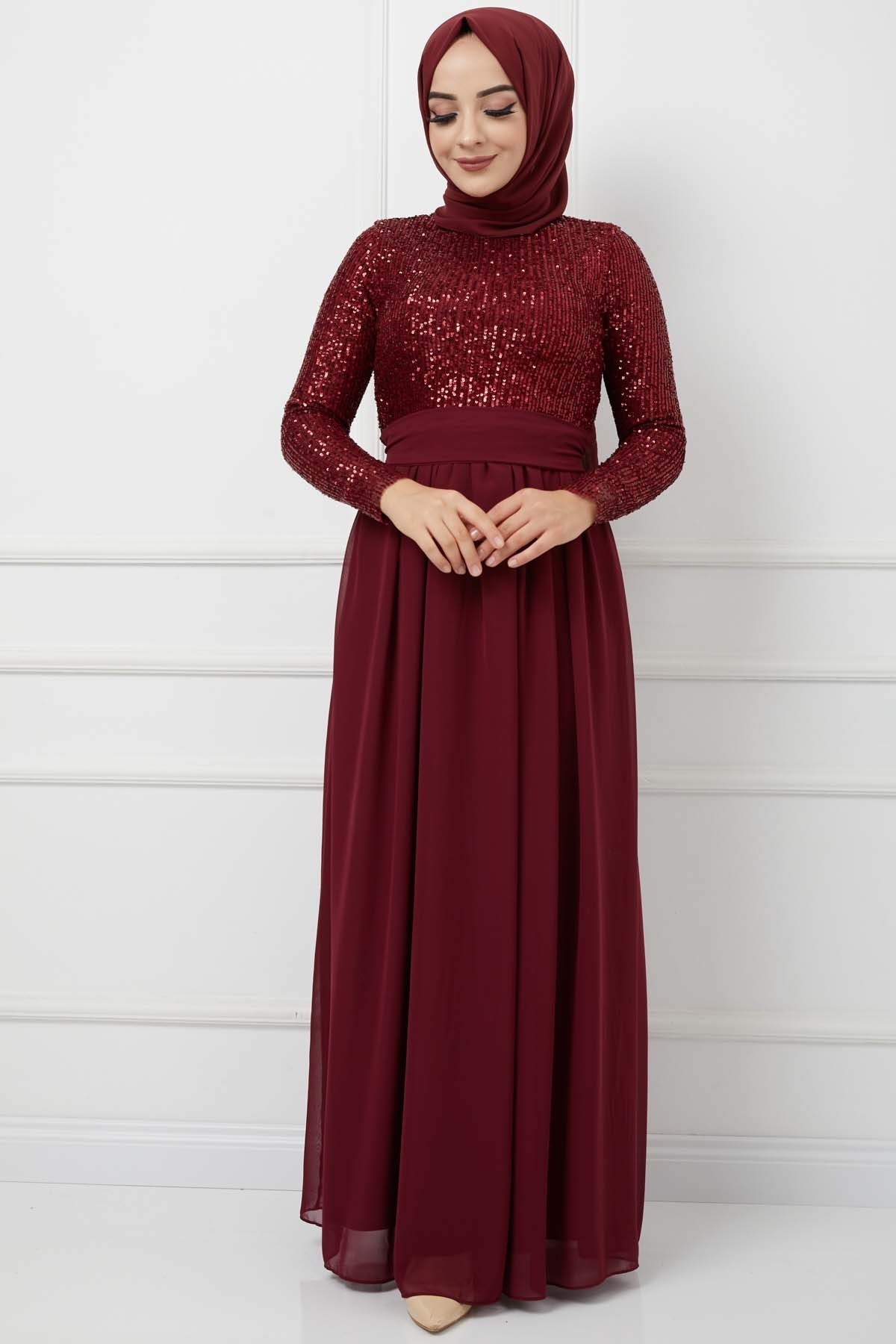 Üstü Pullu Abiye - Bordo
