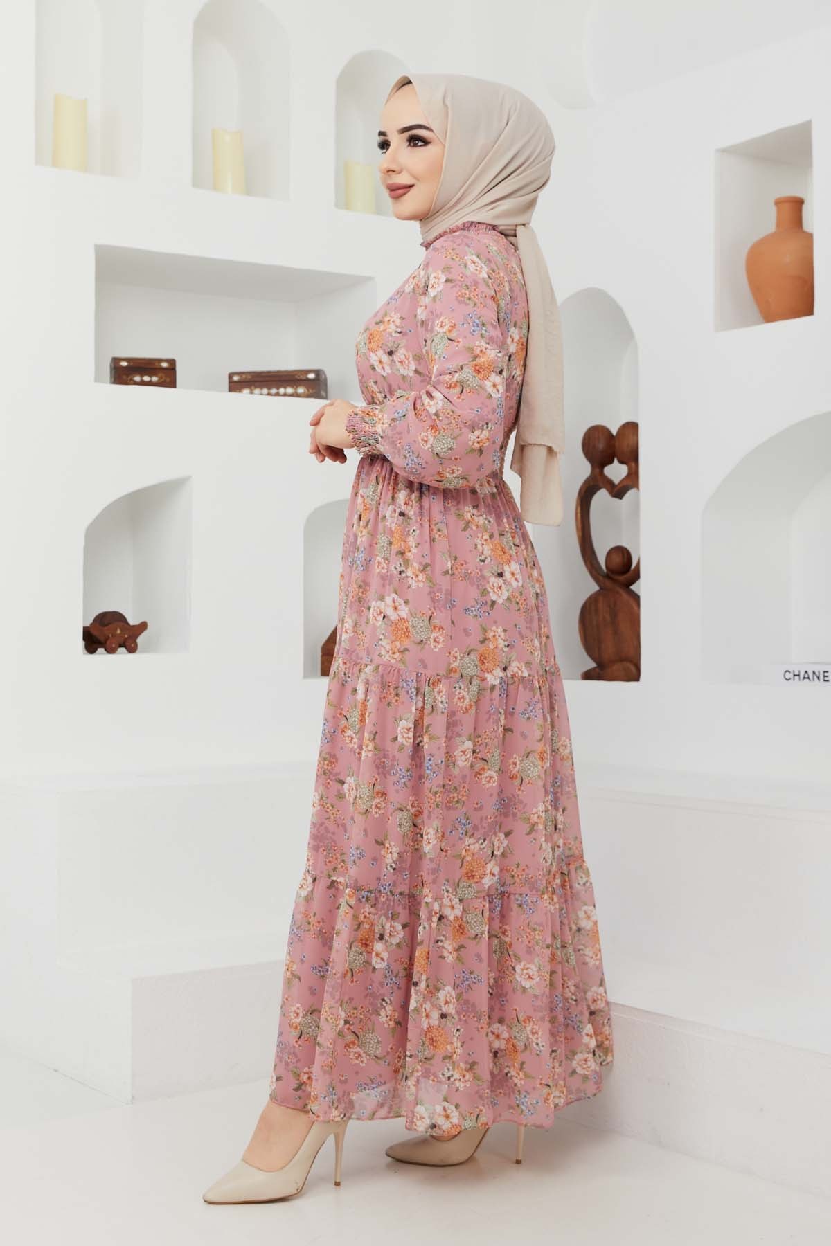 Gipeli Şifon Elbise - Gül Kurusu