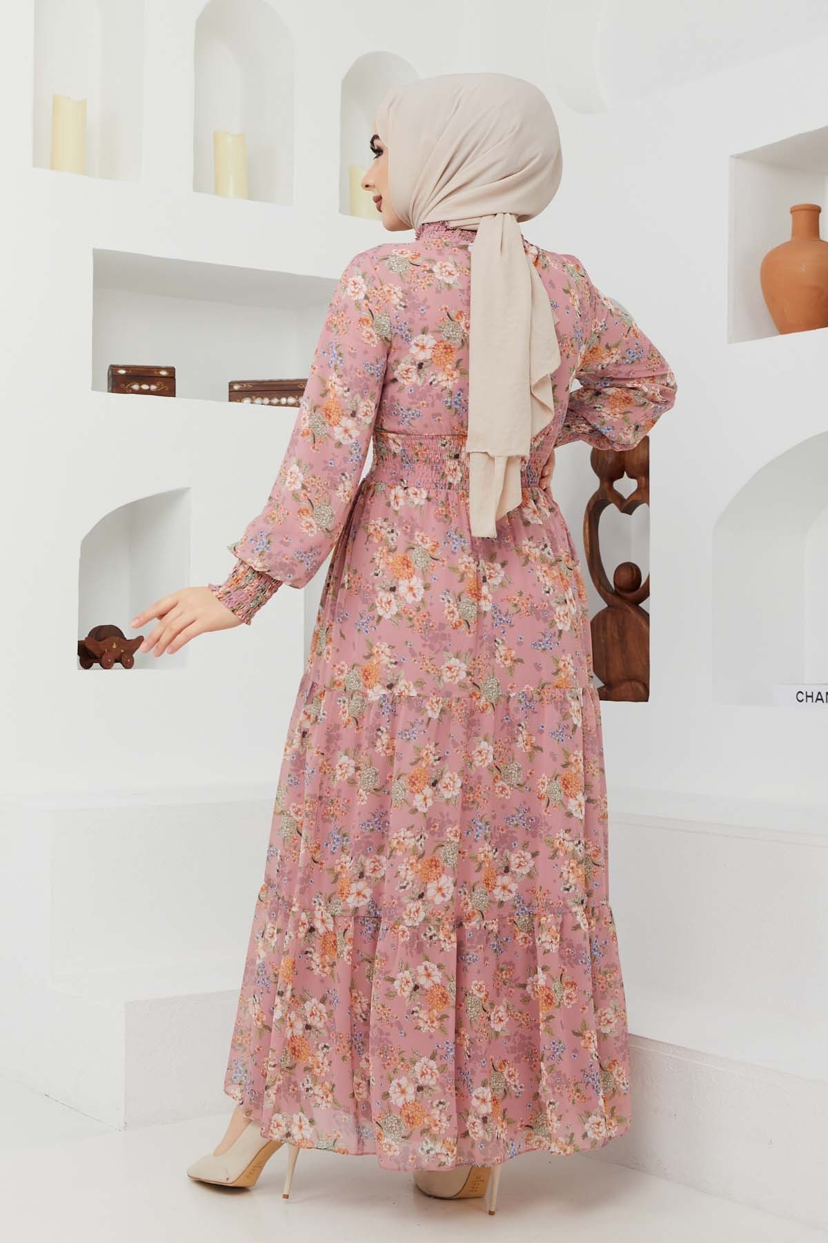 Gipeli Şifon Elbise - Gül Kurusu