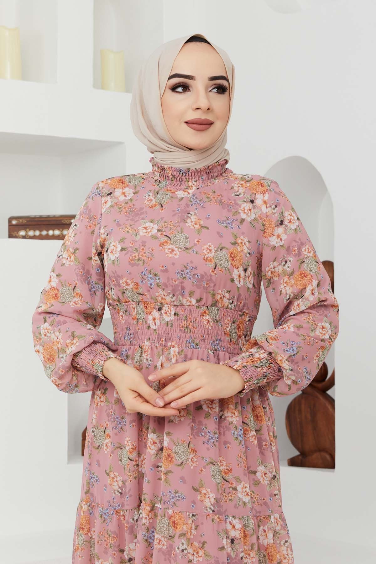 Gipeli Şifon Elbise - Gül Kurusu