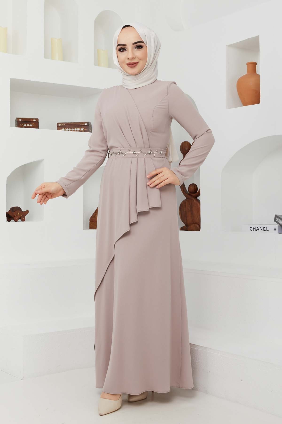 Eylül Krep Elbise - Bej