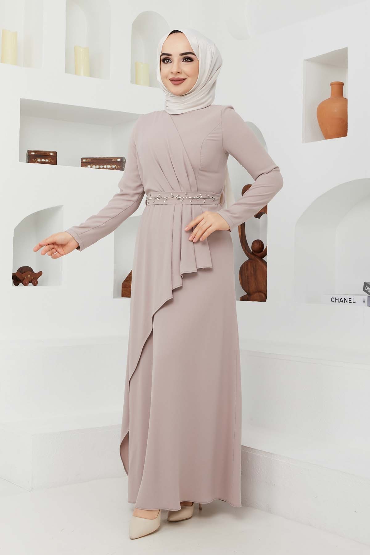 Eylül Krep Elbise - Bej