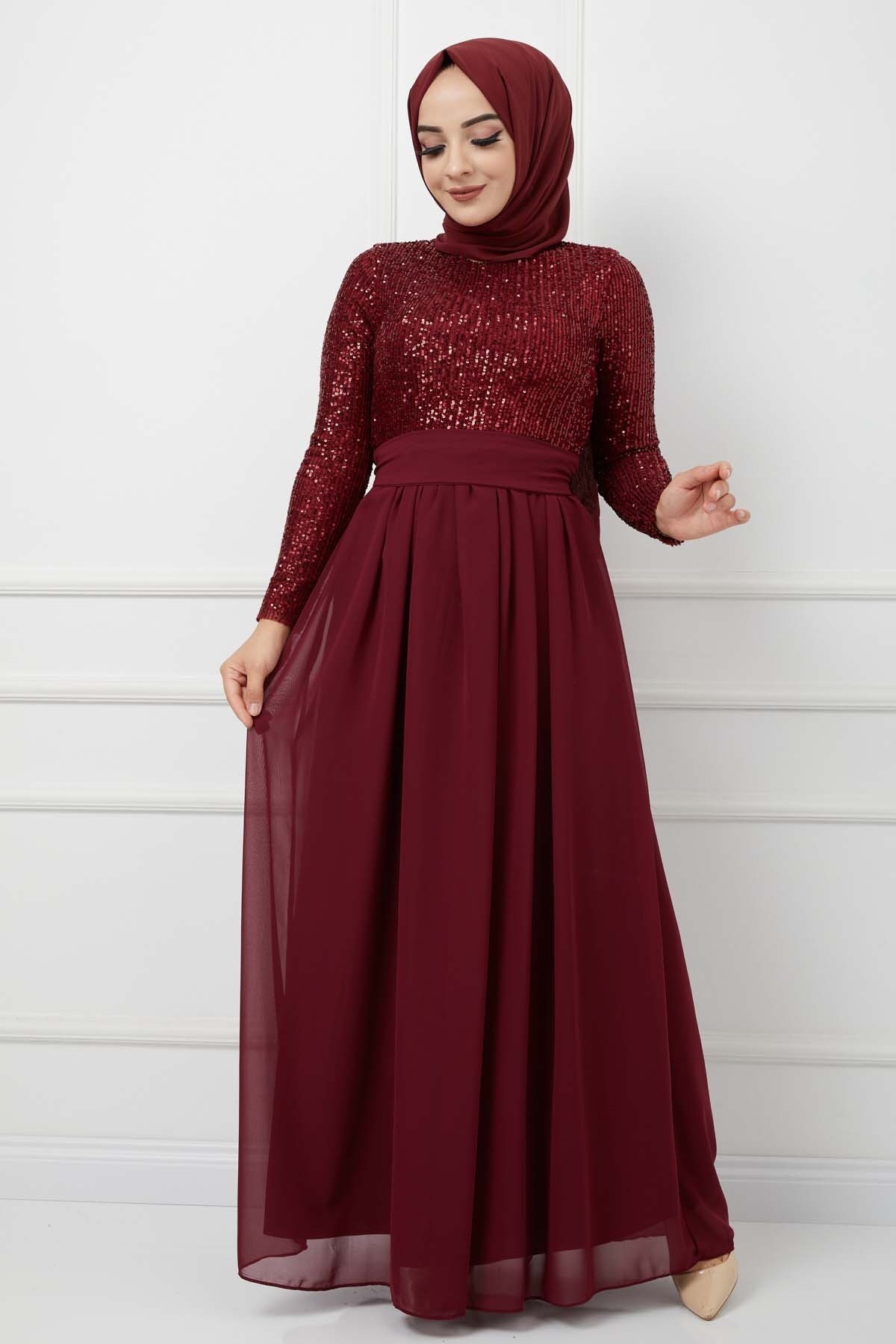 Üstü Pullu Abiye - Bordo