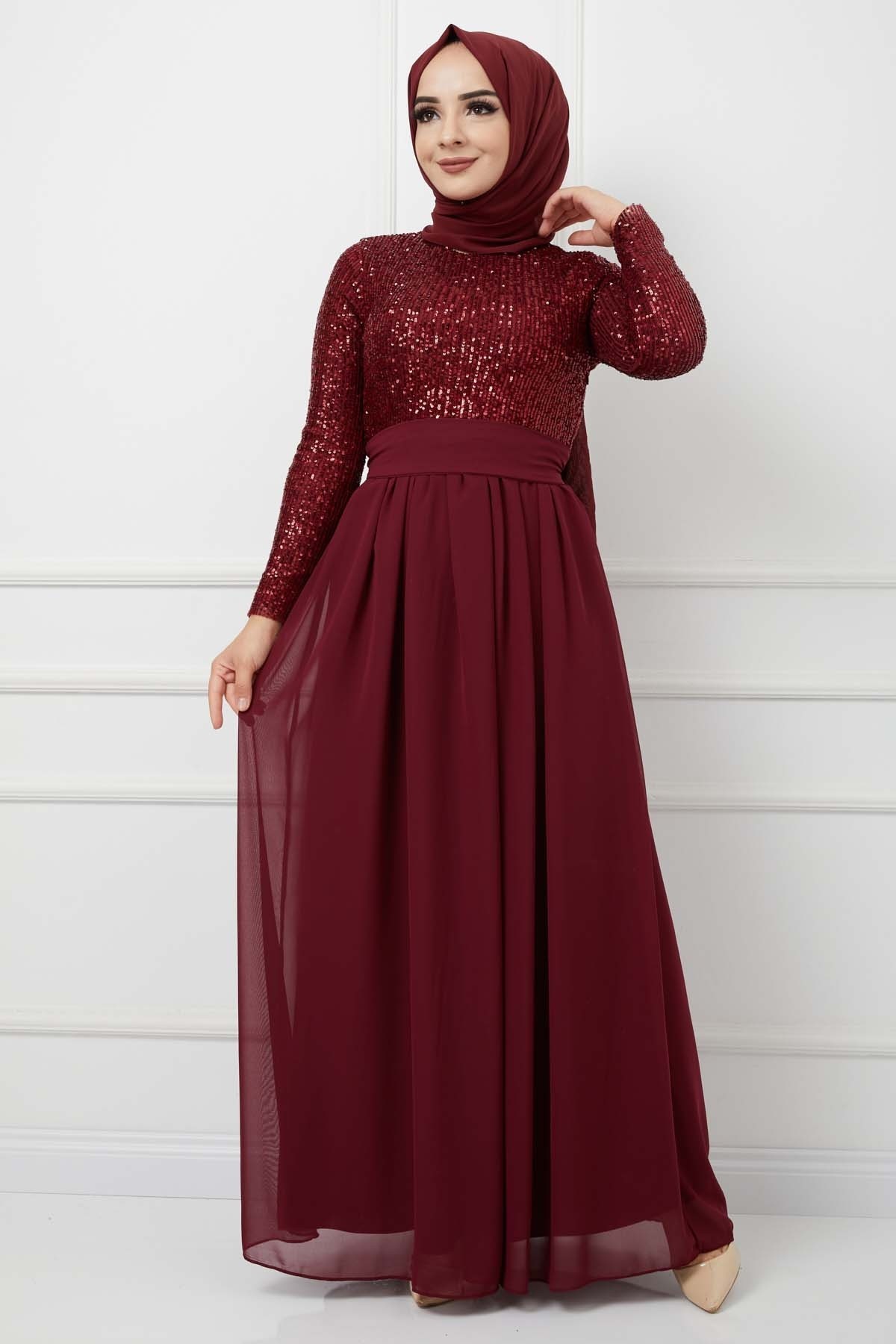 Üstü Pullu Abiye - Bordo