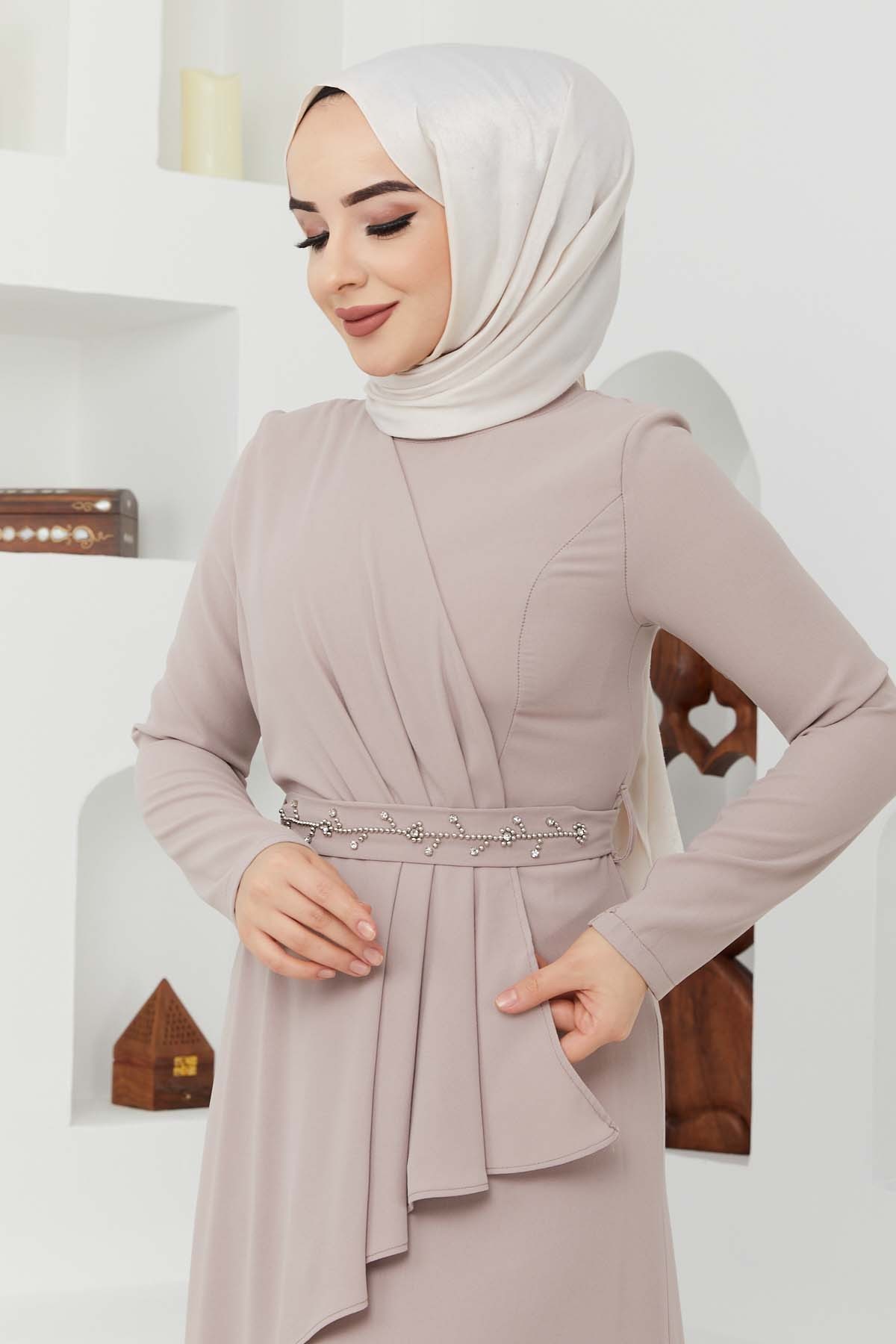 Eylül Krep Elbise - Bej