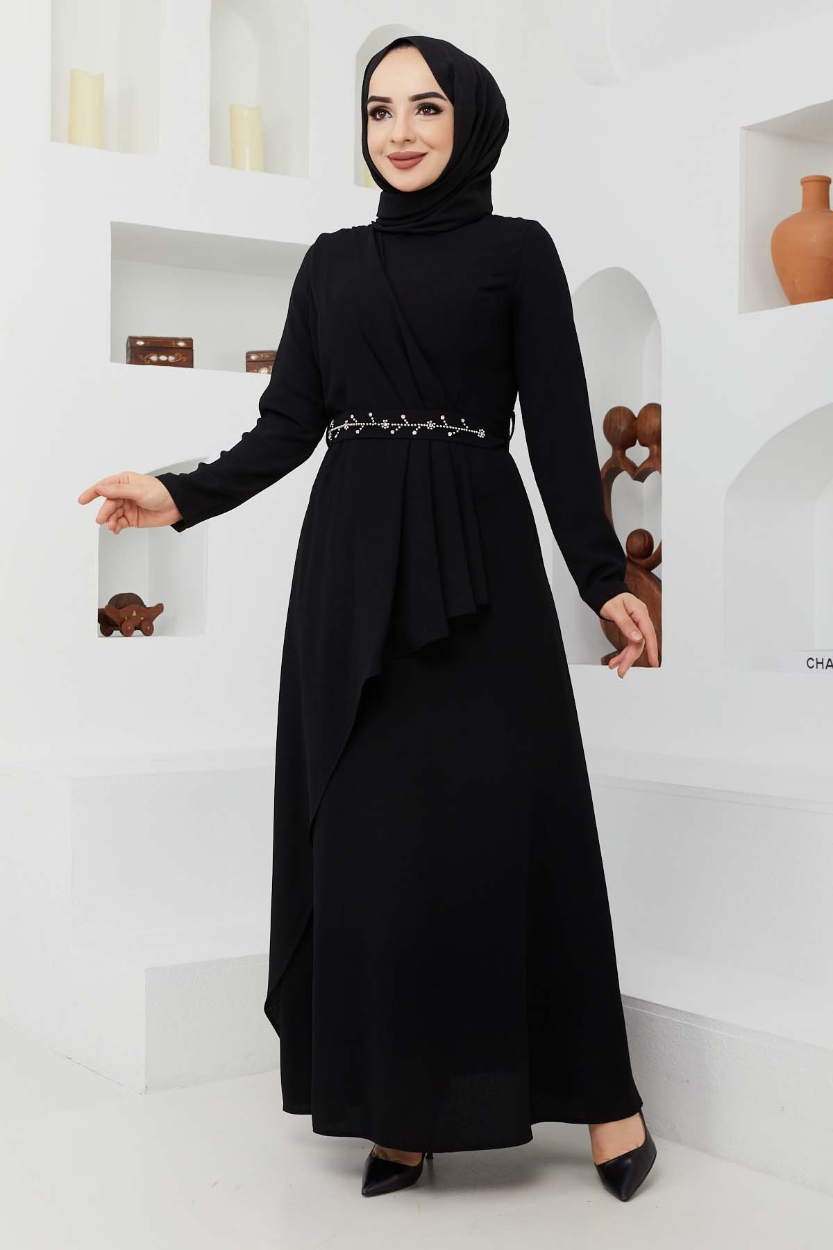 Eylül Krep Elbise - Siyah